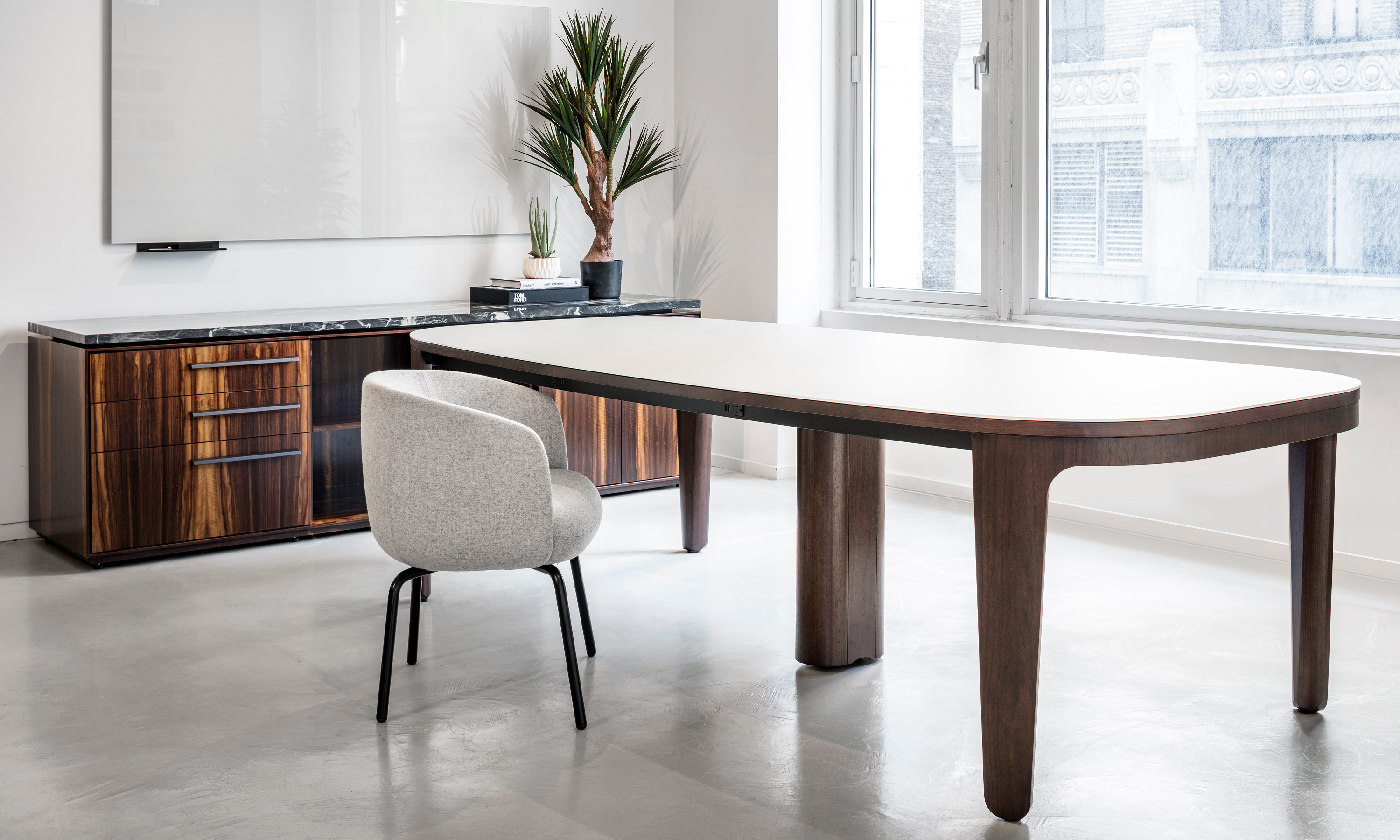 Alev Meeting designed by Birsel + Seck, Ayse Birsel and Bibi Seck. Alev Meeting is a Mid century modern conference table. Available in veneer. The table has an organic shape and was inspired by mid century modern and Scandinavian design. It features rounded edges and legs. Alev Meeting also features power and data connectivity depending on your conference room needs. Both tabletop and subtop power are available.  
Conference table, organic shape, mid century modern conference table, Scandinavian design table, robust power conference table, veneer conference table, birsel + seck, ayse birsel, bibi seck,