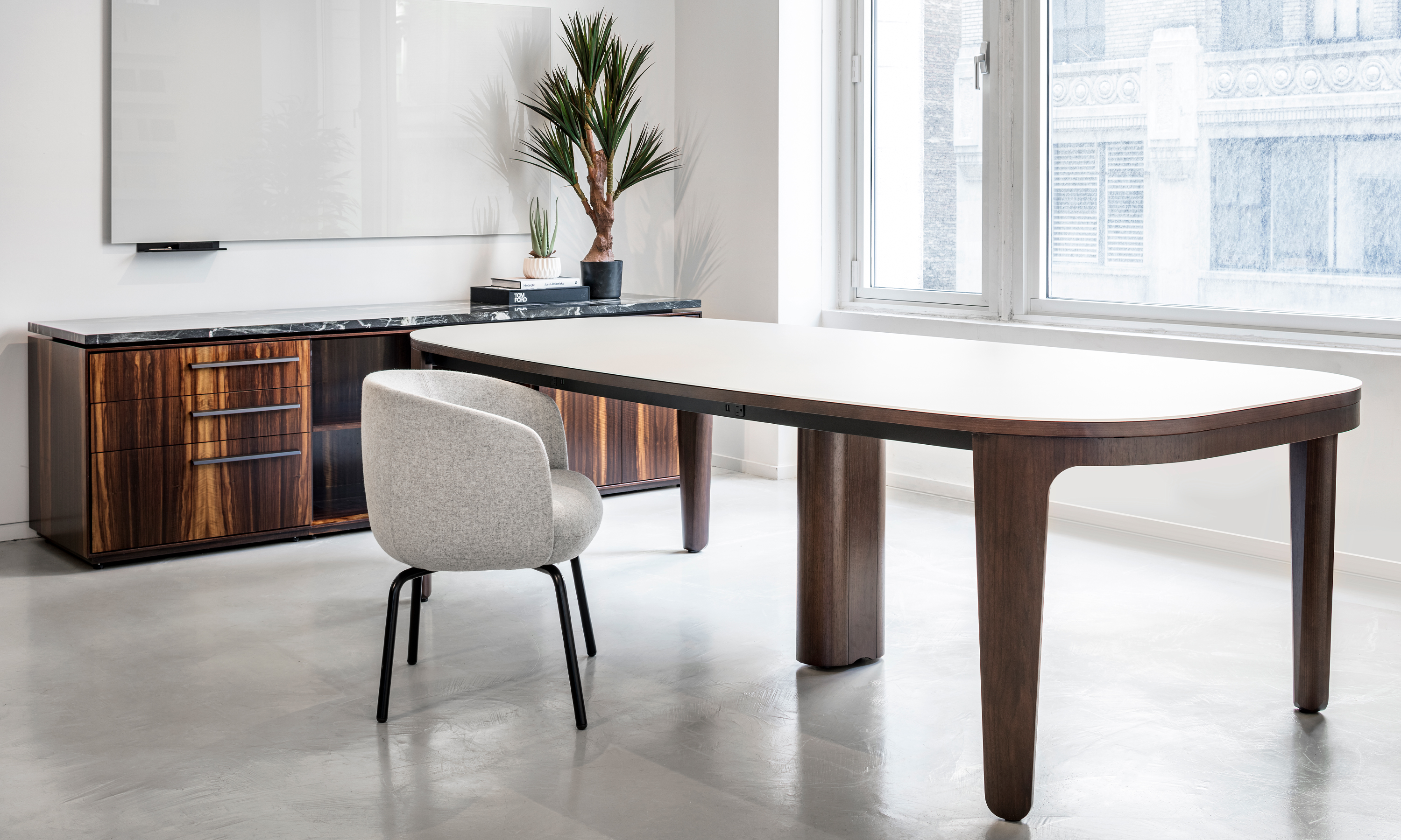 Alev Meeting designed by Birsel + Seck, Ayse Birsel and Bibi Seck. Alev Meeting is a Mid century modern conference table. Available in veneer. The table has an organic shape and was inspired by mid century modern and Scandinavian design. It features rounded edges and legs. Alev Meeting also features power and data connectivity depending on your conference room needs. Both tabletop and subtop power are available.
Conference table, organic shape, mid century modern conference table, Scandinavian design table, robust power conference table, veneer conference table, birsel + seck, ayse birsel, bibi seck,