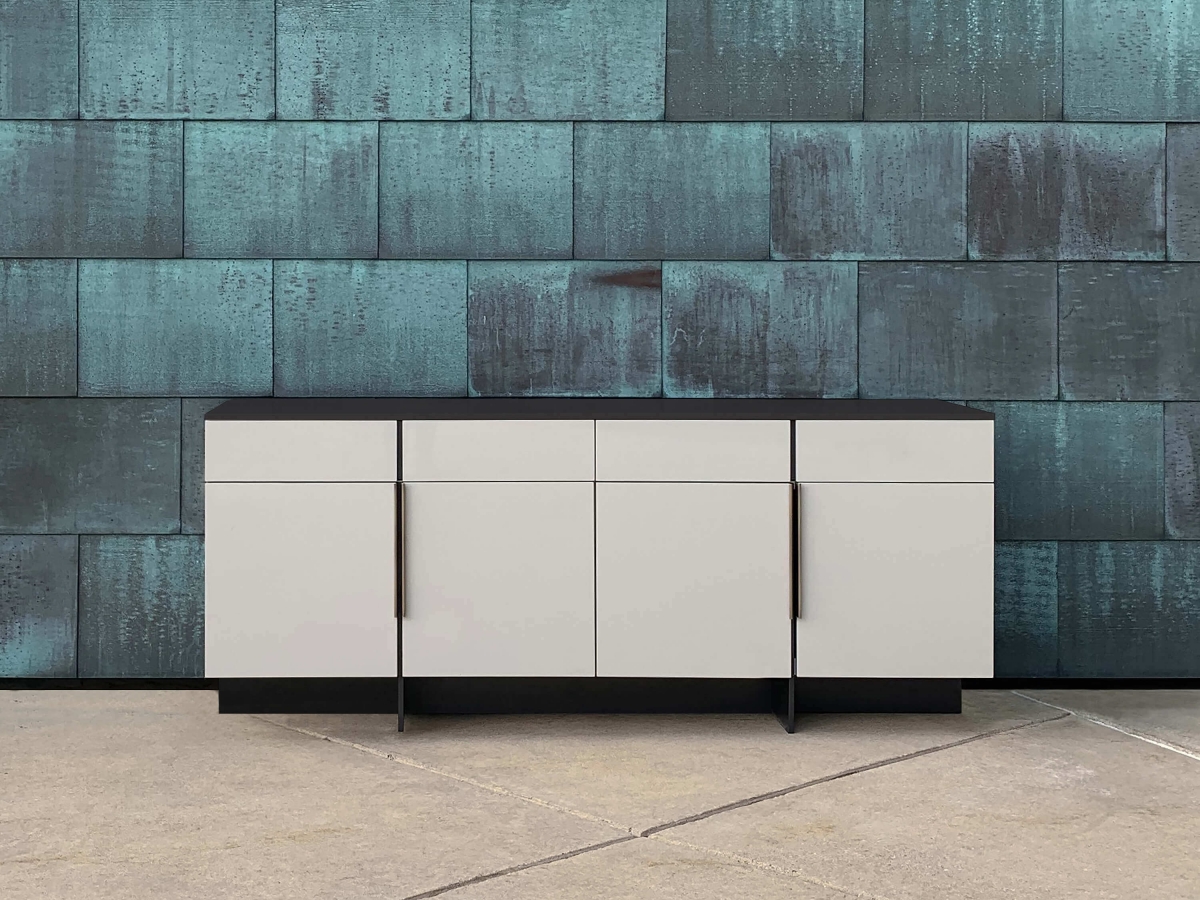 Forena_Conference_Height_Credenza_Lacquered_Polyester_Case_Satin_Black_Glass_Top_Copper_Wall.jpg page slideshow item 1