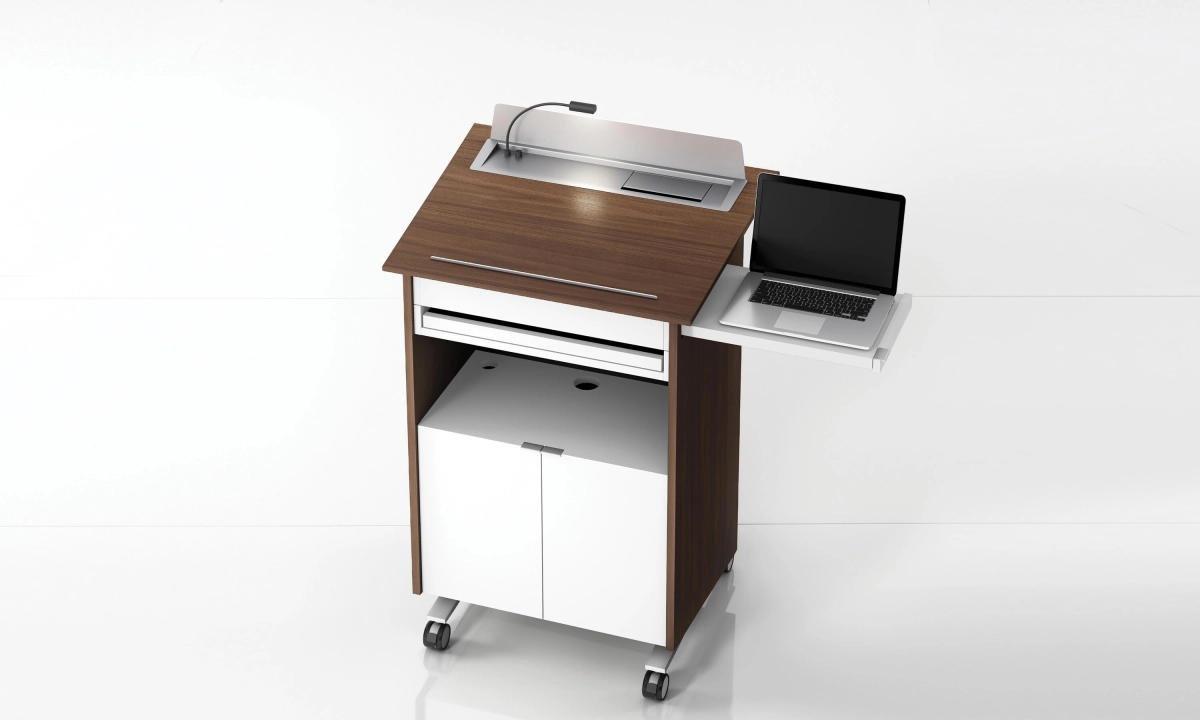 Nucraft lectern in veneer with painted case lectern, microphone, and pull out shelf.